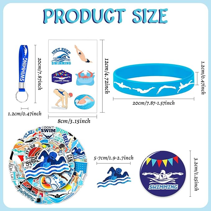 98 PCS Swimming Party Favors, Swimming Temporary Tattoos Badges Silicone Bracelets Stickers Keychains for Swimming Swim Team Sport Birthday Party Decorations Supplies Gifts for Swimmers Kids Teens