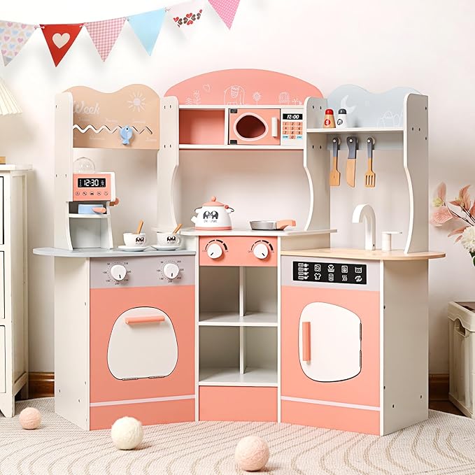 CUTE STONE Wooden Play Kitchen for Kids, Toddler Kitchen Playset with Coffee Machine, Cookware Accessories, Play Sink, Toy Kitchen Set for Boys Girls