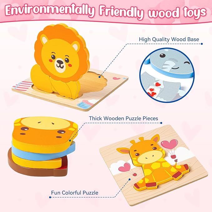 Wooden Puzzles for Toddlers 1-3, 4 Pack Wooden Puzzles with Animals Design, Birthday Gift for Boys Girls, Kids Party Favors Gifts - Educational Preschool Classroom Toys