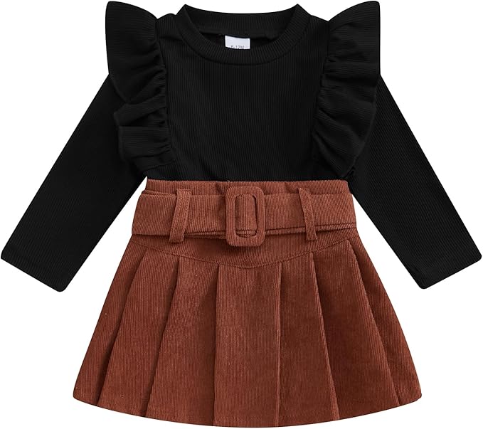 Fernvia Toddler Baby Girl Fall Winter Skirt Set Turtleneck Ribbed Long Sleeve T-Shirt Top & Plaid Skirts Dress 2Pcs Outfits