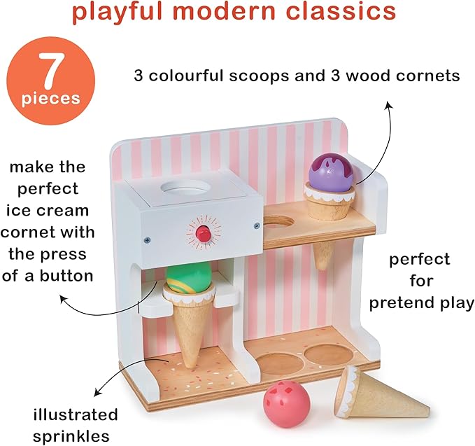 Mentari Toys - Ice Cream Kiosk - 7pc Wooden Play Shop with Cornets & Scoops - Press & Drop Feature - Pretend Play Toy for Toddlers - Encourages Creativity, Fine Motor Skills & Social Play - Age 3+
