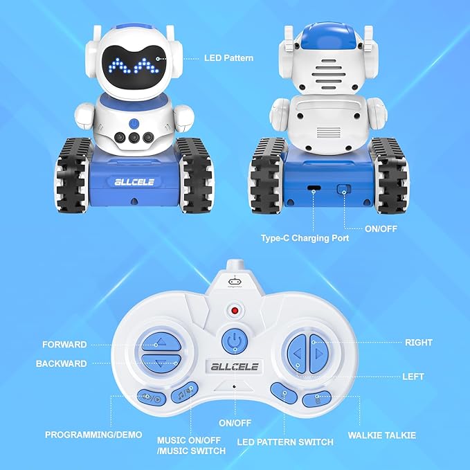 ALLCELE Robot Toy, LED RC Robot Toys, RC Robot for Boys and Girls with Walkie Talkie, Programming, Music, Demo and LED Function, Remote Control Robot Toy, Gift for Kids 3-8 Years Old Blue White