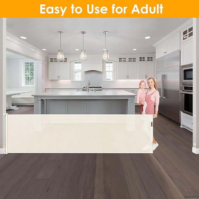 180 Inch Extra Long Baby Gate Extra Wide Dog Gates for Large Openings Extra Large Baby Gate Dog Gate for Doorways Extra Wide Retractable Baby Gates Extra Wide Indoor Outdoor Retractable Gate (Beige)