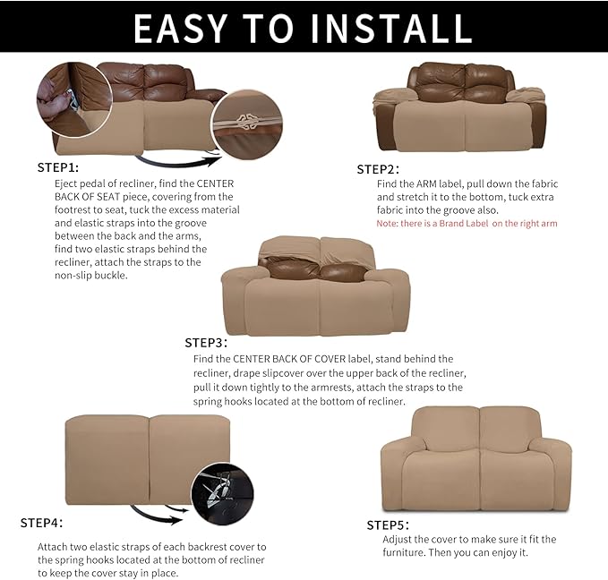 Easy-Going Oversized 6 Pieces Microfiber Stretch Sectional Recliner Loveseat Sofa Slipcover Soft Fitted Fleece 2 Seats Couch Cover Washable Furniture Protector with Elasticity for Kids Pet Camel