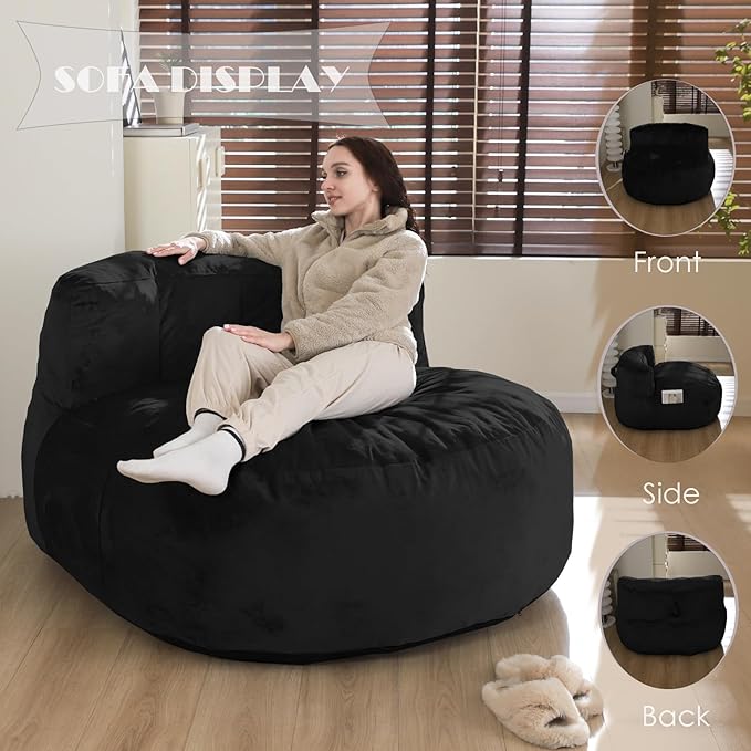 WhatsBedding 5FT Bean Bag Chair for Adults,Kids & Teenagers Bean Bags Giant with Memory Foam Filled,Beanbag Chairs Large Sofa with Dutch Velvet Cover(Black,Large,Back Support)