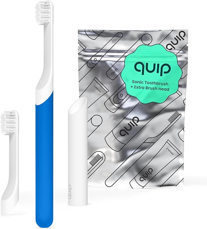 Quip Sonic Toothbrush for Kids with Timer - Includes Extra Brush Head and Travel Cover Mount - Electric, Soft Bristle Refill Head, Rubber Handle, 3 Month Battery Life - Travel Toothbrush - Blue