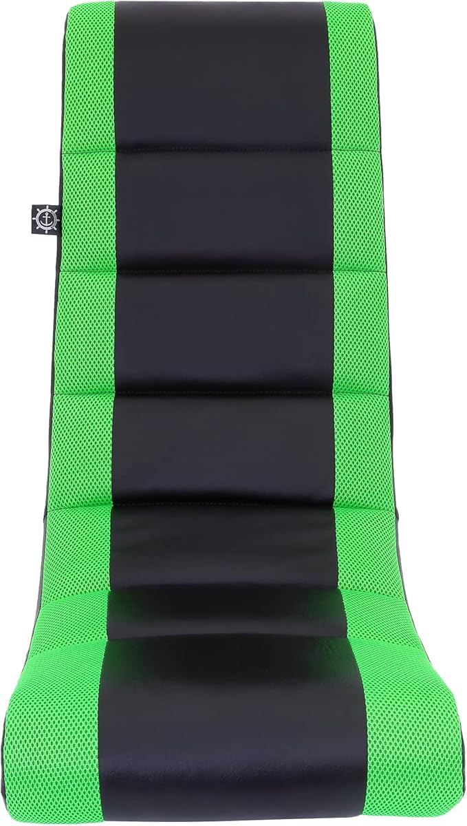 The Crew Furniture Classic Video Rocker Floor Gaming Chair, Kids and Teens, Racing Stripe PU Faux Leather & Polyester Mesh, Black/Green