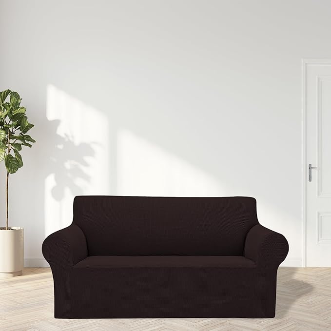 2025 New Stretch Loveseat Sofa Slipcovers Couch Cover for 2 Cushion Furniture Protector Sofa Covers with Elastic Bottom Jacquard Fabric Small Checks for Pets, Kids - Chocolate