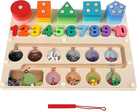 3-in-1 Magnetic Wooden Maze, Montessori Toys, Stacking Building Blocks Shape Sorter Number Board, Color Matching Educational Learning Toys for Kids, Toddler Gift, Toys for Boys Girls 3 4 5 Years Old
