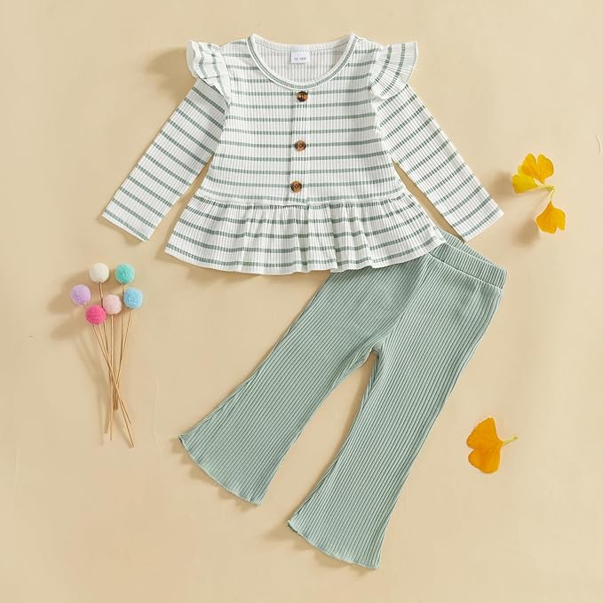 Mubineo Toddler Baby Girl Clothes Cute Ribbed Outfits Knit Long Sleeve Shirt Tops Bell Bottom Pant Fall Winter Outfit