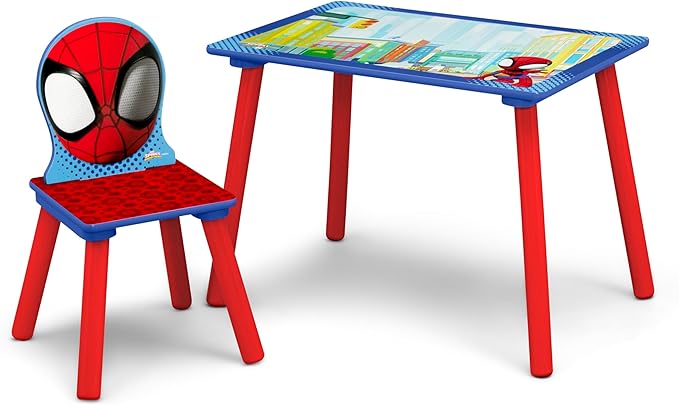 Delta Children - Marvel Spidey and His Amazing Friends 4-Piece Toddler Room-in-a-Box Set – Includes Sleep and Play Toddler Bed, Table, 1 Chair and Fabric Toy Box, Blue/Red