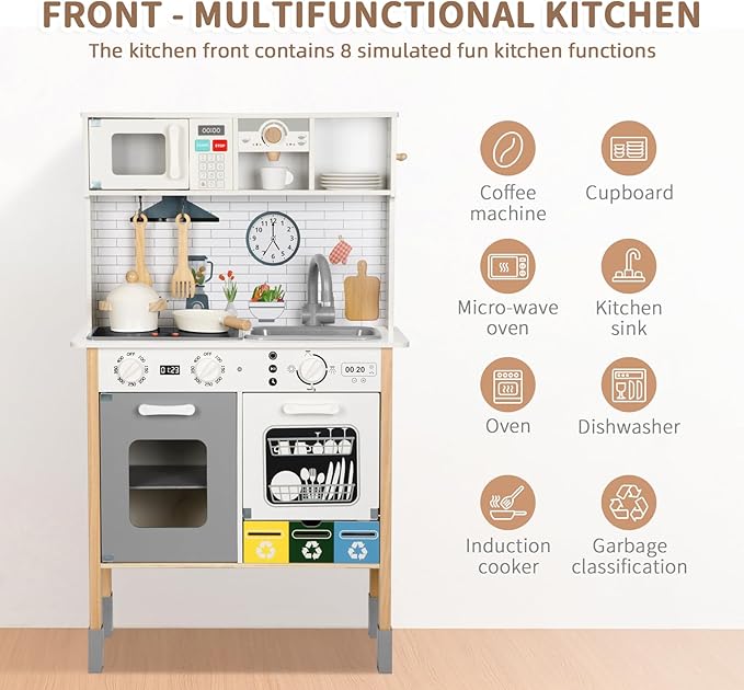 Kids Kitchen Playset with Garbage Classification, Wooden Pretend Play Kitchen with Sound and Light, Kitchen Set for Kids Equipped with Blackboard, Worldmap ect., Gift for Boys and Girls Aged 3+