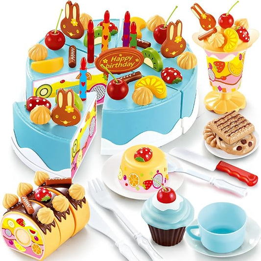 75PCS Birthday Cake Toy DIY Cutting Cake Play Set Kids Play Kitchen Food Pretend Play Cake Toy Best for Girls Birthday Party Gift (75PCS Blue)