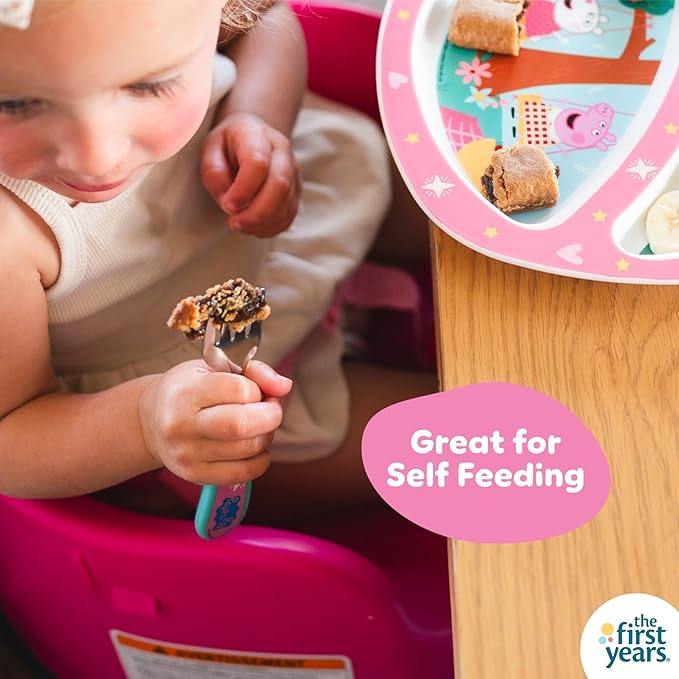The First Years Peppa Pig Toddler Dinnerware Set - Includes Toddler Plate, Divided Bowl, and Toddler Utensils - Dishwasher Safe Toddler Feeding Supplies Made Without BPA - 4 Count