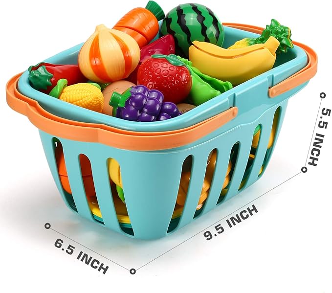 70 PCS Cutting Play Food Toy for Kids Kitchen, Pretend Fruit &Vegetables Accessories with Shopping Storage Basket, Plastic Mini Dishes and Knife, Educational Toy for Toddler Children Birthday Gift