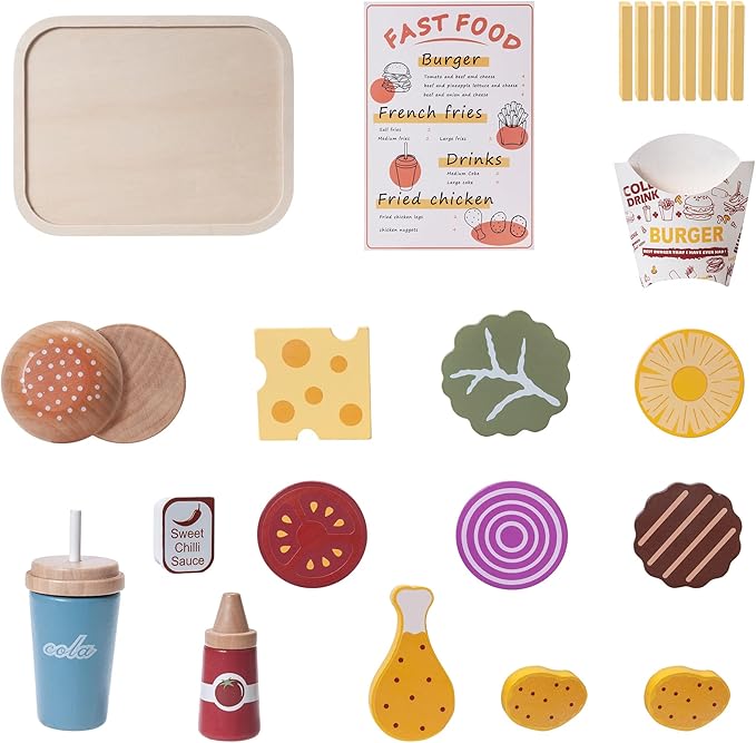25pcs Wooden Fast Food Set Play Kitchen Accessories, Toddler Pretend Play Toy Food Hamburger Stacking Toy Playset with Fries, Kids Play Food Toy Kitchen Set Boys and Girls Birthday Gift