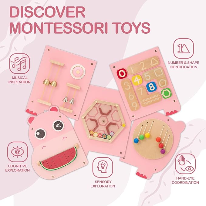 Monläurd® Hippo Montessori Educational Activity Cube, Sensory Wall Toys for Daycare and Playroom Furniture, Interactive Wooden Learning Toys for Boys and Girls 6M+