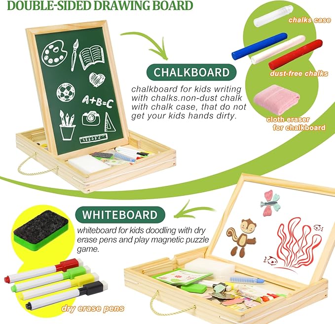 MICKYU Wooden Magnetic Board Puzzle Games, Double Sided Chalk Board Art Easel for Kids, Educational Portable Travel Toy for Kids Ages 3-5