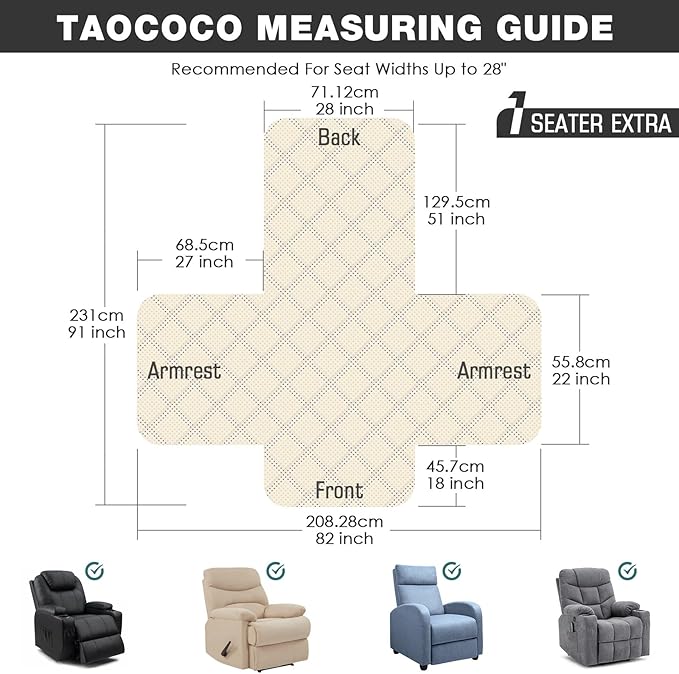 TAOCOCO Waterproof Recliner Chair Covers with Leg Strap 1 Piece Oversized Recliner Covers for Large Recliner for Pets Kids, Washable Reclining Chair Furniture Protector(28'' Oversized, Brown)