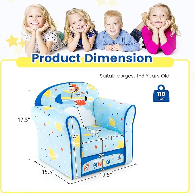 Costzon Kids Couch, Children's Sofa Armrest Chair with Pattern, Toddler Furniture w/Sturdy Wood Construction, Preschool, Lightweight Kids Couch Sofa Chair for Aged 1-5 Boys & Girls Gifts, Airplane