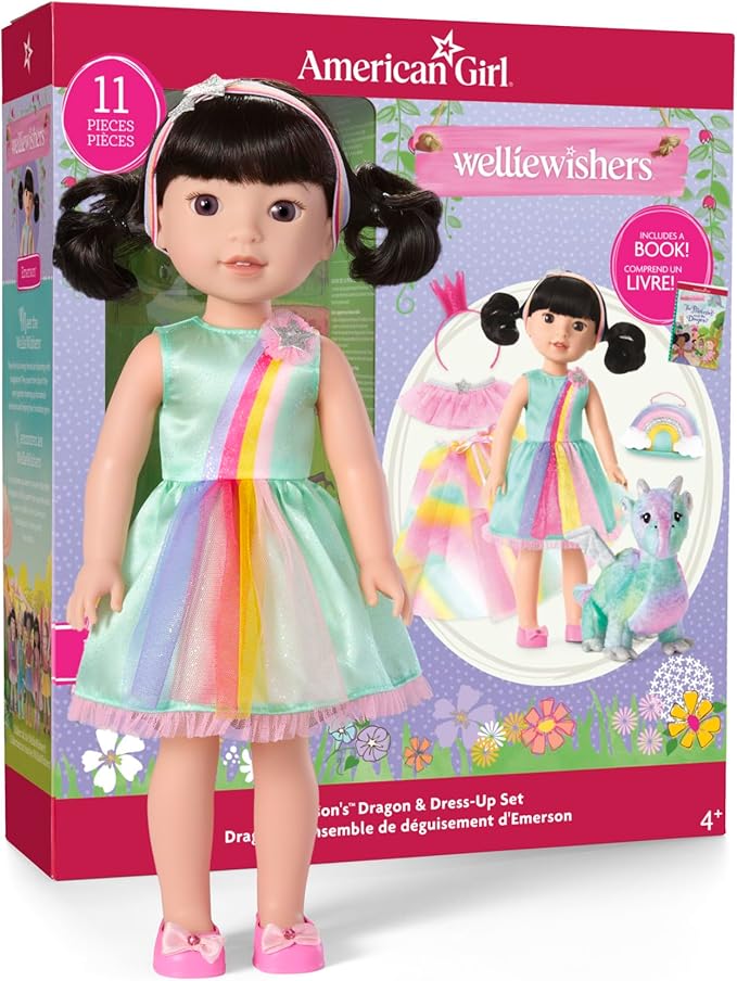 American Girl WellieWishers 14.5-inch Emerson Doll Playset with Crisella The Dragon, Doll Dress and Accessories, and Storybook, for Ages 4+