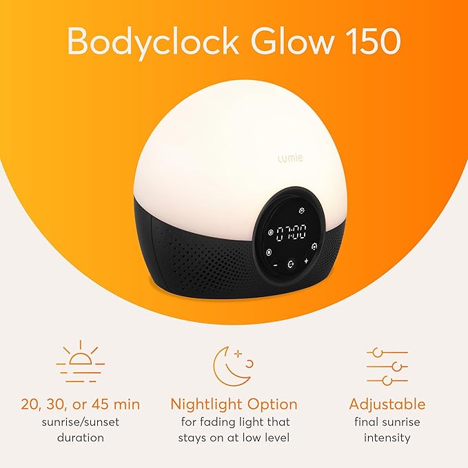Lumie Bodyclock Glow 150 - Alarm Clock Simulates Sunrise & Sunset - Bedside Lamp with Customizable Light Duration - Wake-Up Light, Night Light & Reading Light - with Warm LEDs