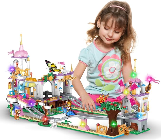 711 Piece Friends Roller Coaster Building Set,Girls Creative Amusement Park Building Kit,STEM Princess Castle | Pink Playground Park Model Building Toy,Christmas Birthday Gift for Girls Age 6+