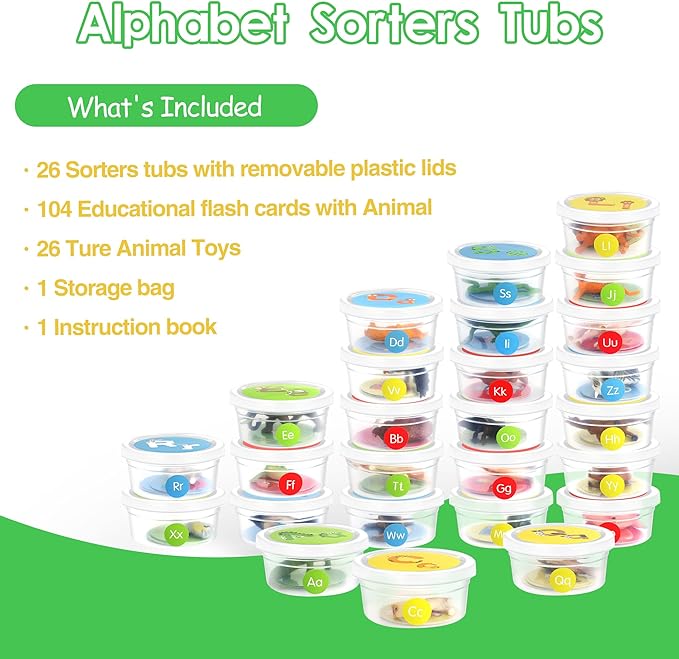 Alphabet Learning Toys for Toddlers, 104 Flash Cards and 26 Animal Objects, Uppercase Lowercase ABC Matching Color Sorting Game, Montessori Preschool Educational Learning Toys for Kids 3 4 5 Year Old