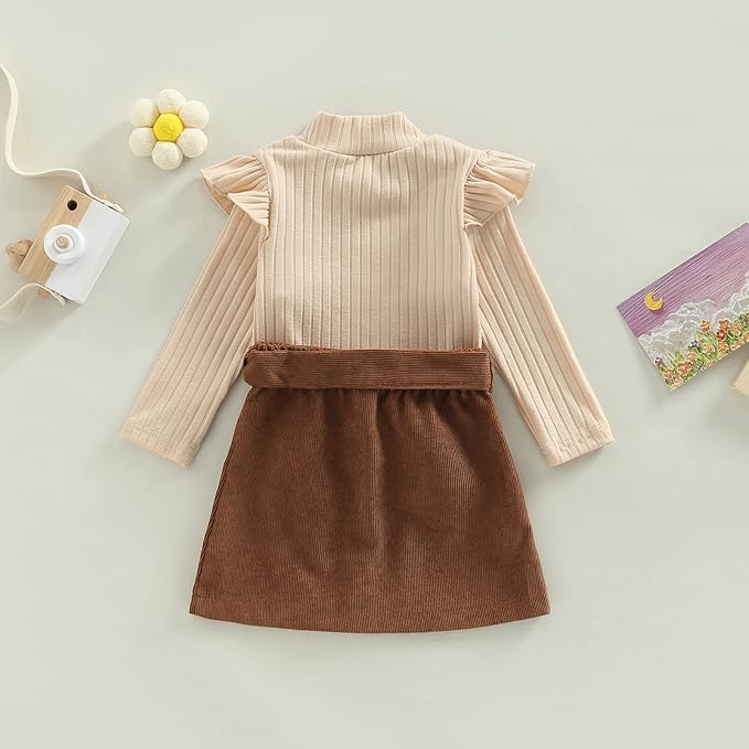 Fernvia Toddler Baby Girl Fall Winter Skirt Set Turtleneck Ribbed Long Sleeve T-Shirt Top & Plaid Skirts Dress 2Pcs Outfits
