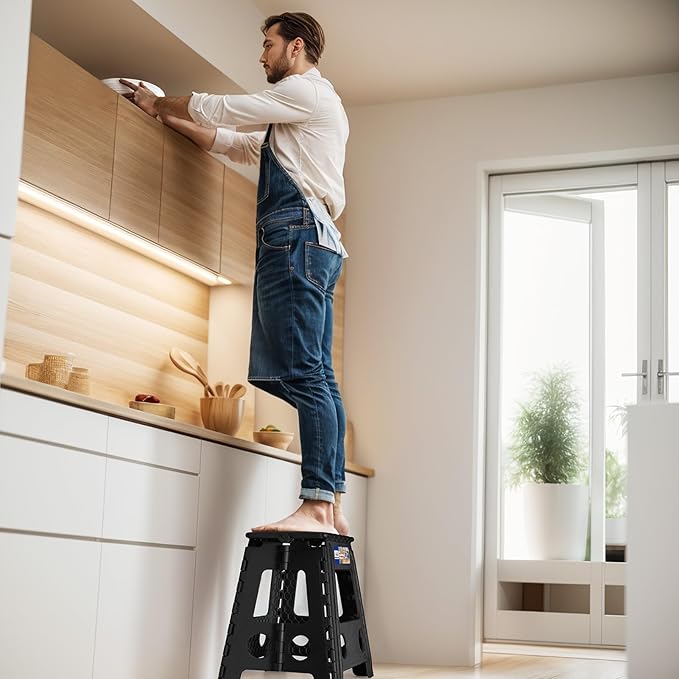 ACKO Folding Step Stool Foldable 16 Inch Stool 400 lbs Capacity,Plastic Stools for Adults and Kids,Collapsible Stool for Kitchen, Stepping Stool with Handle,Black,1 PC