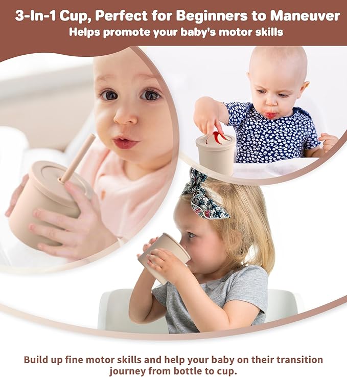 ECLIP Silicone Baby Feeding Set, 10 Pcs Baby Led Weaning Supplies with Suction Bowl Divided Plate Adjustable Bib Soft Spoon Fork Snack Cup with Lid Drinking Cup, Utensil (Beige)