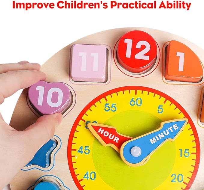 Skrtuan Wooden Shape Color Sorting Clock- Teaching Time Number Blocks Clock Shape Sorting Puzzle Montessori Early Learning Educational Toy Gift for 1 2 3 Year Old Toddler Baby Kids