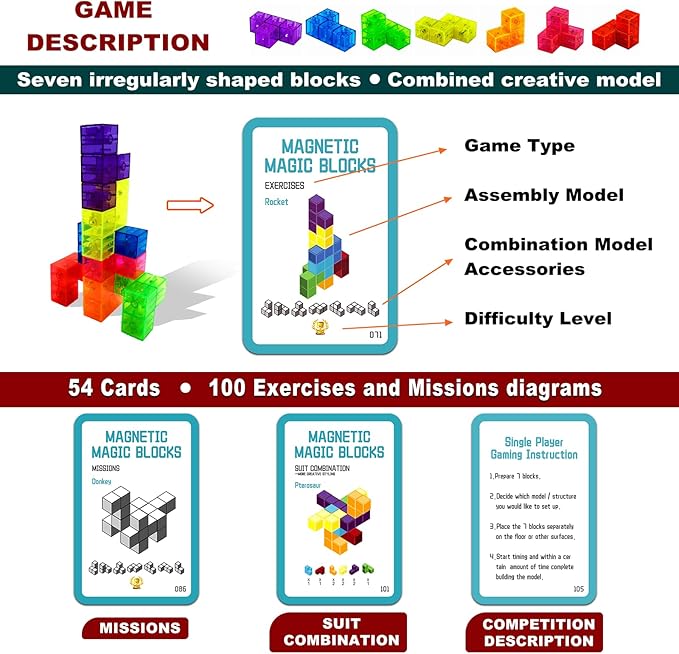 Magnetic Building Blocks Magic Magnetic 3D Puzzle Cubes, Set of 14 Multi Shapes Magnetics Blocks with 108 Guide Cards,Parent-Child Interactive Children's Educational Toys (14color)