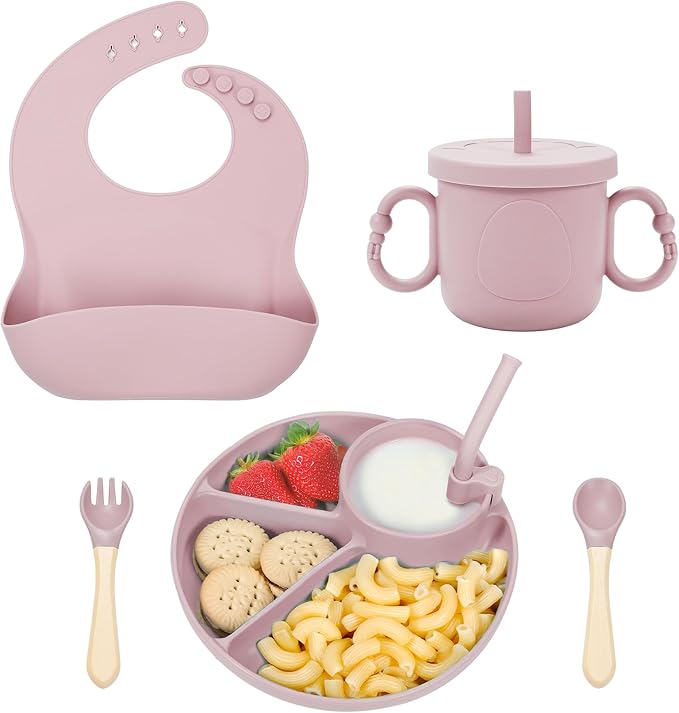 Silicone Baby Feeding Set, Baby Led Weaning Supplies, Silicone Suction Plate, Bowl, Spoons, Fork, Waterproof Bib, Cup and Food Tableware, Eating Utensils Baby Feeding Essentials for 3+ Months
