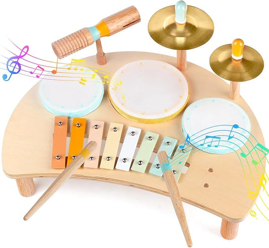 Kids Drum Set, Montessori Musical Instruments for Toddlers 1-3, Wooden Musical Toys for Baby 12-18 Months, Preschool Educational Xylophone Drum Kit, Birthday Gift for Boys Girls Ages 3+