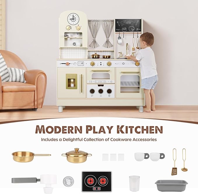 Kids Kitchen playset, Wooden Play Kitchen, Height Adjustable, Comes with Various Kitchen Accessories, Ideal Role Play Toy Gift for Toddlers and Kids Ages 3-8 (White)