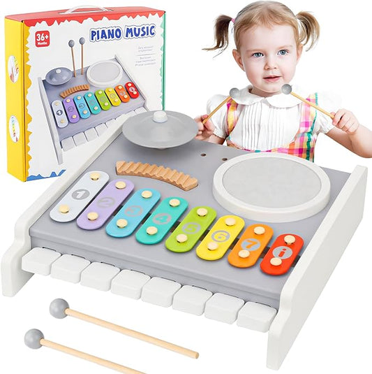 Kids Drum Set Musical Instruments - 5 in 1 Montessori Toys for Toddler Baby, Wooden Music Kit with Piano Keyboard Xylophone, Preschool Educational Sensory Toys Birthday Gifts for Boys Girls 1-3+