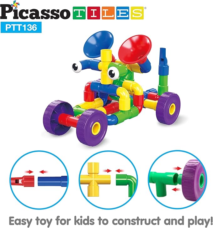PicassoTiles PTT136 136pcs Tubular Pipes & Spout STEAM Interlocking Educational Building Block Set, Tube Locks, Pipeworks Construction Blocks w/Storage Container Box, Idea Book, Flute Musical Kit