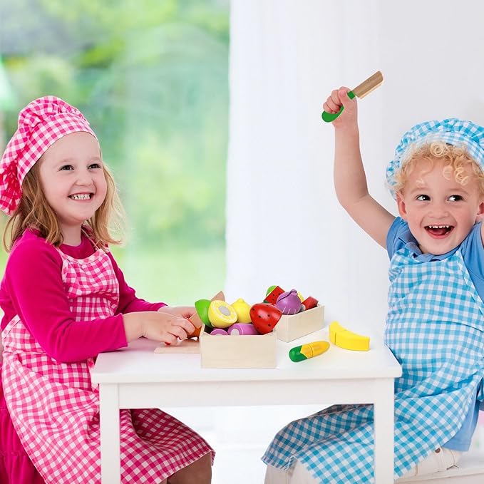 30 Pcs Wooden Play Food Sets for Kids Kitchen Accessories, Velcro Fruit and Veggies for Toddlers, Velcro Fruit Cutting Toys for Kids, Color Sorting Play Food Set, Play Food for Toddlers 1-3