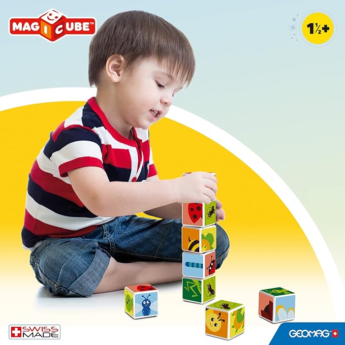 Geomag MagiCube Small Animals 4-Piece Magnetic Stacking Cubes Building Set, Toddlers & Kids Ages 1.5 and Up, STEM Educational Toy, Swiss-Made, Creativity, Imagination, 6 Adorable Building Ideas