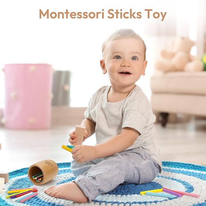 Wooden Montessori Sticks Toys for Kids, 11 Colors Toddler Learning Toys for 1-3 Year Old, Natural Wood Educational Sorting Toy, Sensory Toys Travel Game for Boys Girls Aged 1+