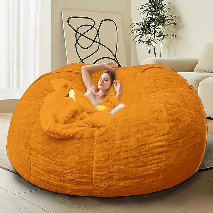 Bean Bag Chairs for Kids Comfy Fluffy Big Joe Bean Bag Chair Cover Without Filler Round Sofa Chairs for Bedroom Living Room Decor, 5FT, Orange