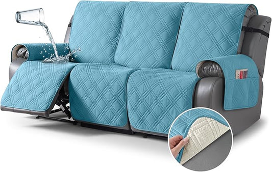TAOCOCO 100% Waterproof Recliner Sofa Covers 3 Seater Split Couch Covers for 3 Cushion Reclining Couch with Straps, Non Slip Reclining Sofa Covers Furniture Protector for Kids Pets(3 Seater, Sky Blue)