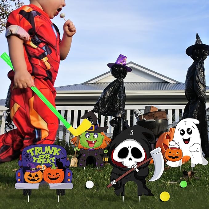8Pcs Halloween Mini Golf Game Set, Halloween Yard Sign Games for Kids Party, Mini Golf Toy Game Include Clubs Balls Yard Sign Holes for Halloween Party Teens Golf Yard Lawn Indoor Outdoor Decorations