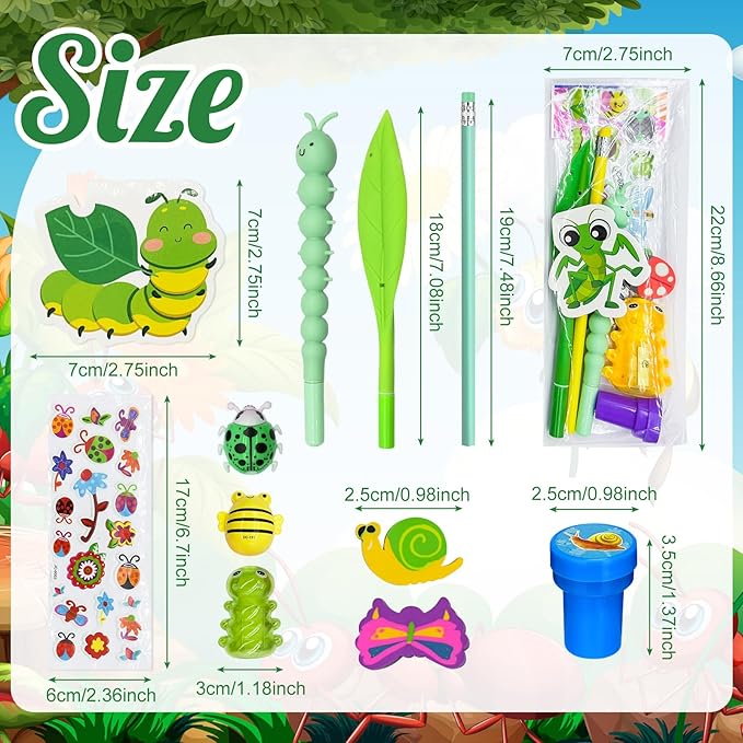 96 Pcs Insect Party Favors，Bug Bee Party Goodie Bags Fillers Bulk，Spring Insects Bug Game Pinata Gift Class Prizes Erasers Pens Pencils Stickers Stamps for School Birthday Spring Summer Party