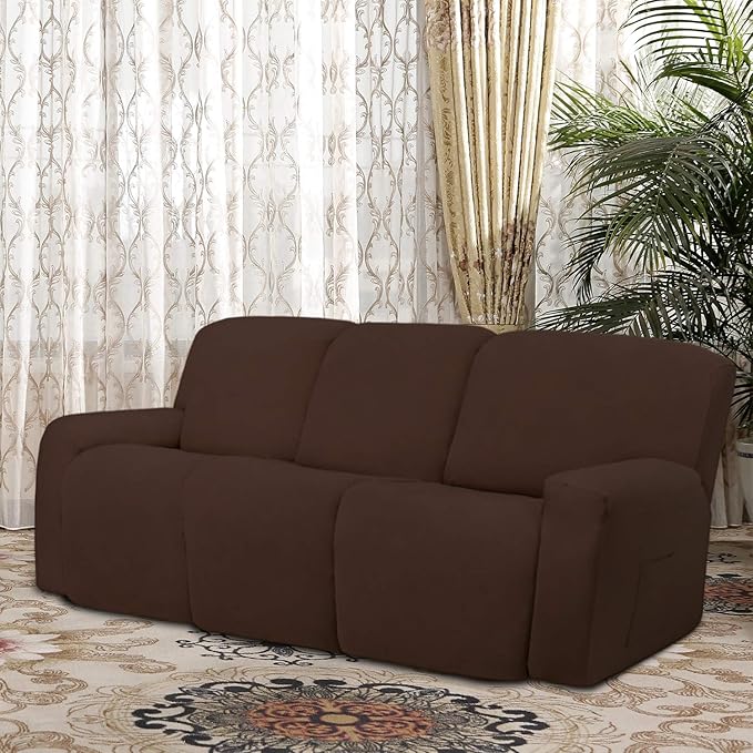 Easy-Going 8 Pieces Microfiber Stretch Sectional Recliner Sofa Slipcover Soft Fitted Fleece 3 Seats Couch Cover Washable Furniture Protector with Elasticity for Kids Pet(Recliner Sofa, Coffee)