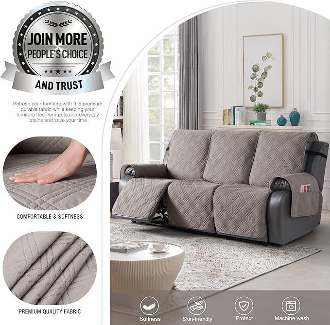 TAOCOCO Waterproof Recliner Sofa Cover, Non Slip Split Recliner Couch Cover with Elastic Straps Pocket, Washable Reclining Sofa Cover Furniture Protector for Kids, Dogs, Pets(3 Seater, Light Brown)