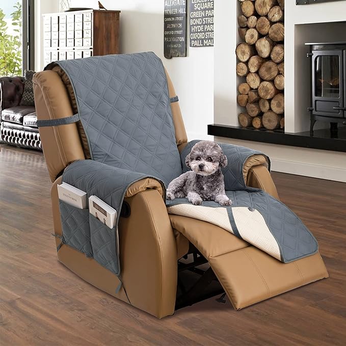 TOMORO Non-Slip Oversized Recliner Cover, 100% Waterproof Quilted Recliner Chair Slipcover Furniture Protector with Pockets, Washable Couch Cover with Elastic Straps for Kids and Pets
