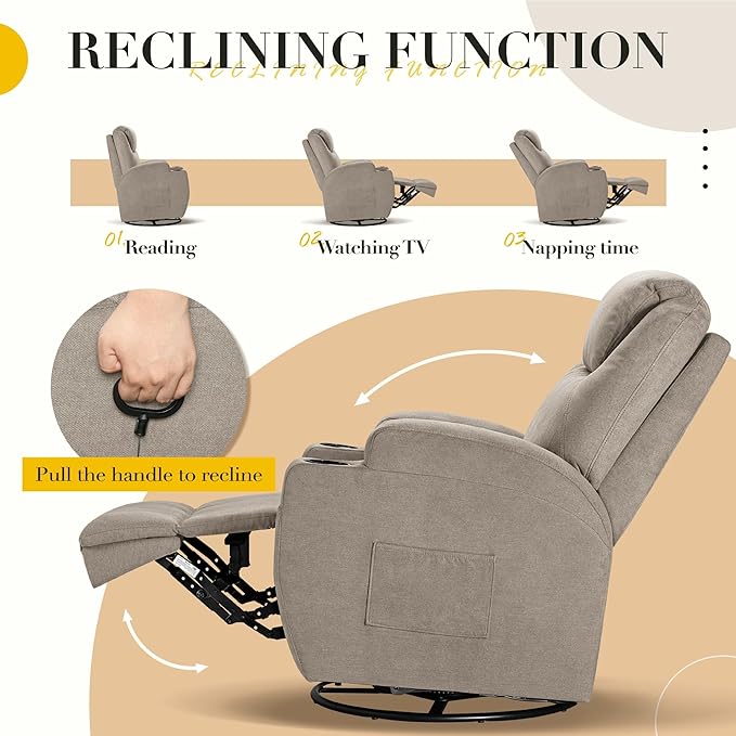 Recliner Chair, 360° Swivel Rocker Chair for Adults, Rocking Recliner Chair with Massage, Comfy Single Sofa with Side Pockets Cup Holders for Living Room, Bedroom, Nursery (Fabric, Khaki)