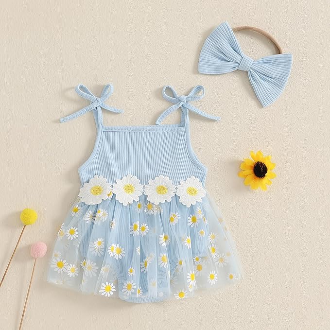 Baby Girl Clothes Daisy Ribbed Bodysuit Sleeveless Romper Dress Summer Outfit for Girls Newborn 3 6 9 12 18 Months